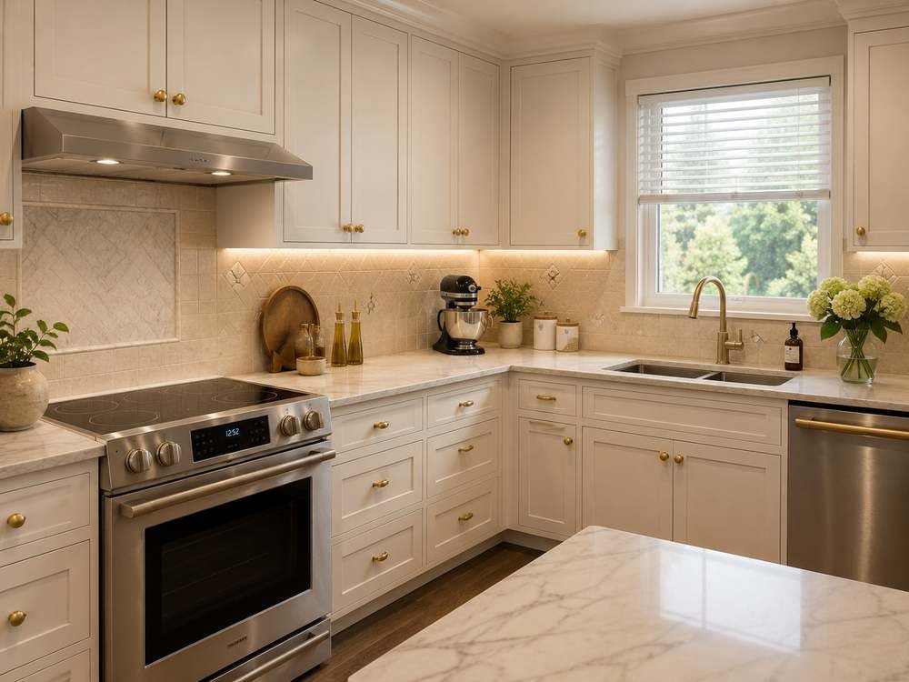 The same kitchen with clear counters and polished surfaces after cleaning