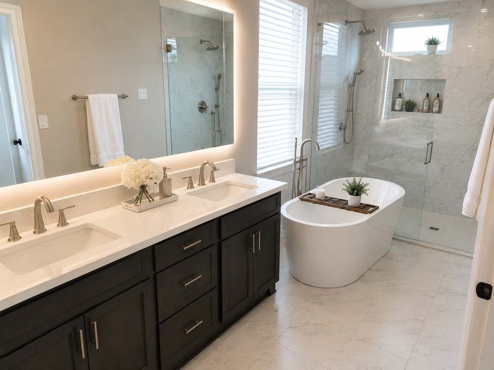 The same bathroom with clear vanity and folded towels after cleaning