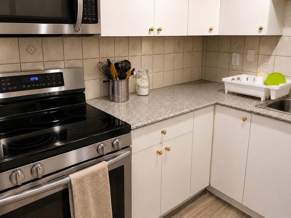 The same counter cleared and wiped down after cleaning