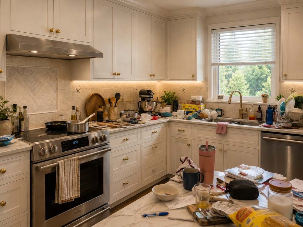 Kitchen counters covered in dishes, bags and clutter before cleaning