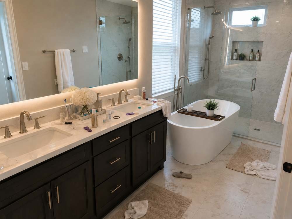 Primary bathroom with towels on the floor and products across the vanity before cleaning