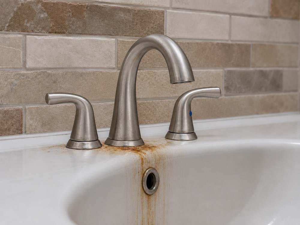 Bathroom sink with heavy rust staining around the faucet base before cleaning