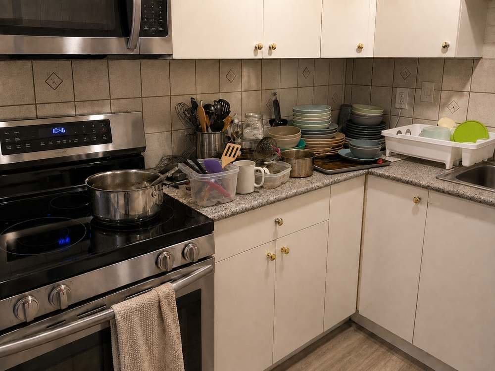 Kitchen counter stacked with dishes, pots and utensils before cleaning