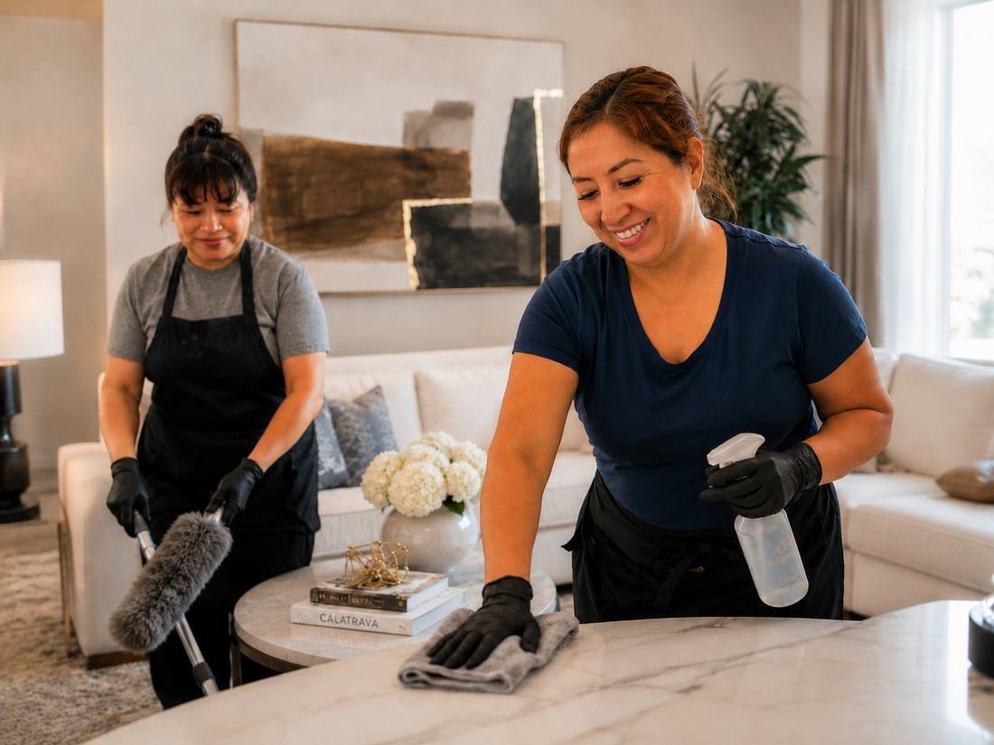 Two Aurora housekeepers dusting and wiping down a living room