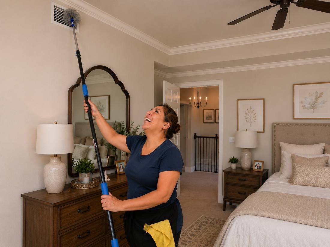 An Aurora housekeeper dusting a ceiling vent in a bedroom